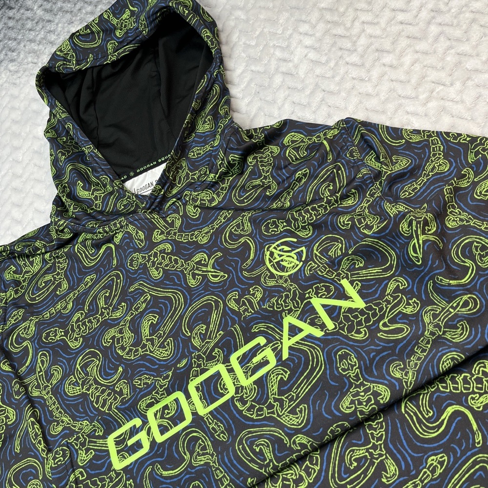 Googan Squad Hoodie Shirt Men M Black Blue Lime Green Lizard Graphic Performance